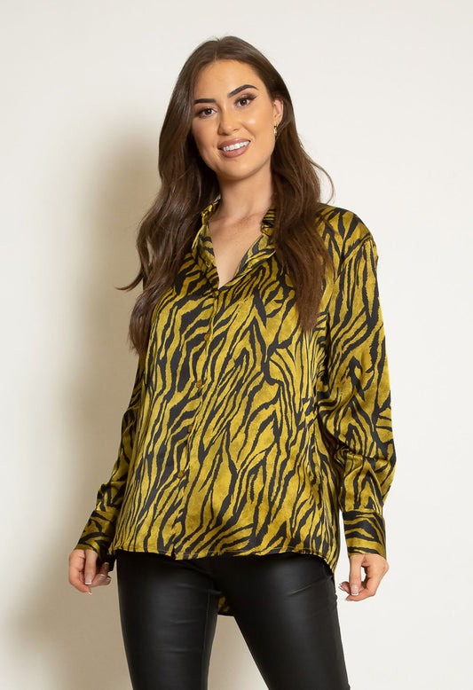 Mustard Zebra Print Satin Shirt