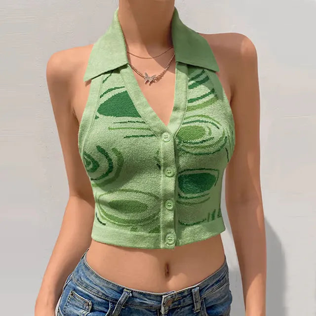 Hollow Print Halter Crop Top