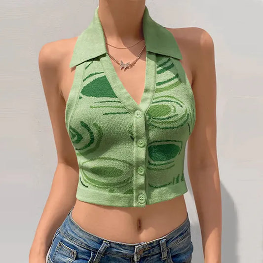 Hollow Print Halter Crop Top