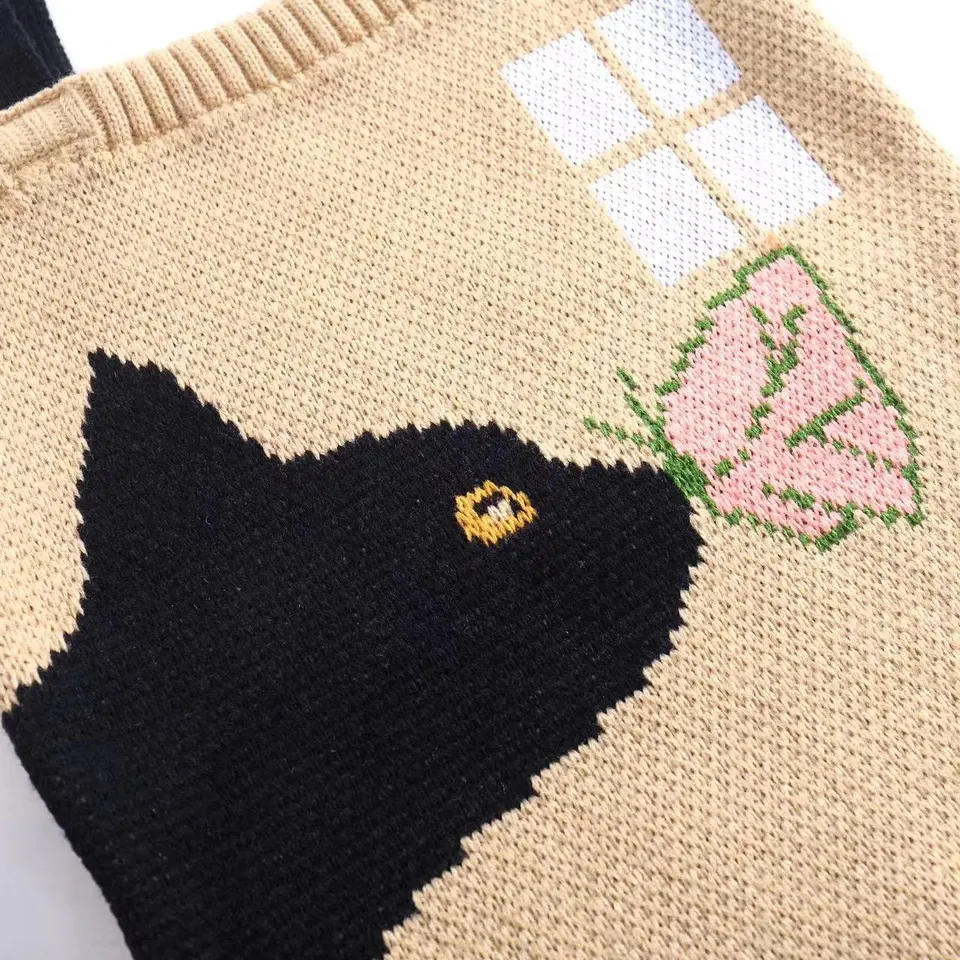 Cat and Butterfly knitted Tote Bag